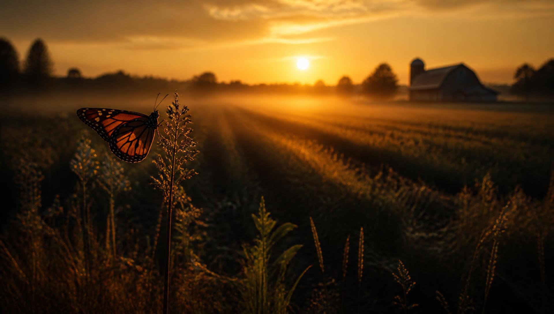 A monarch butterfly resting on grass overlooking a farm field at sunrise