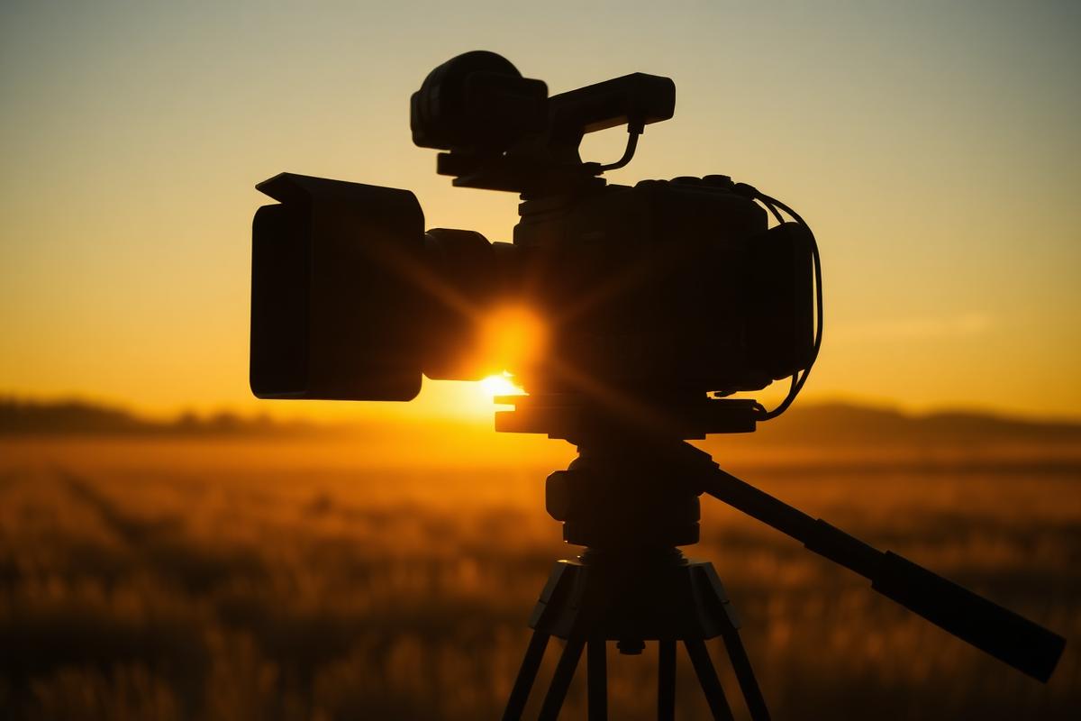 Documentary camera on a tripod at sunset